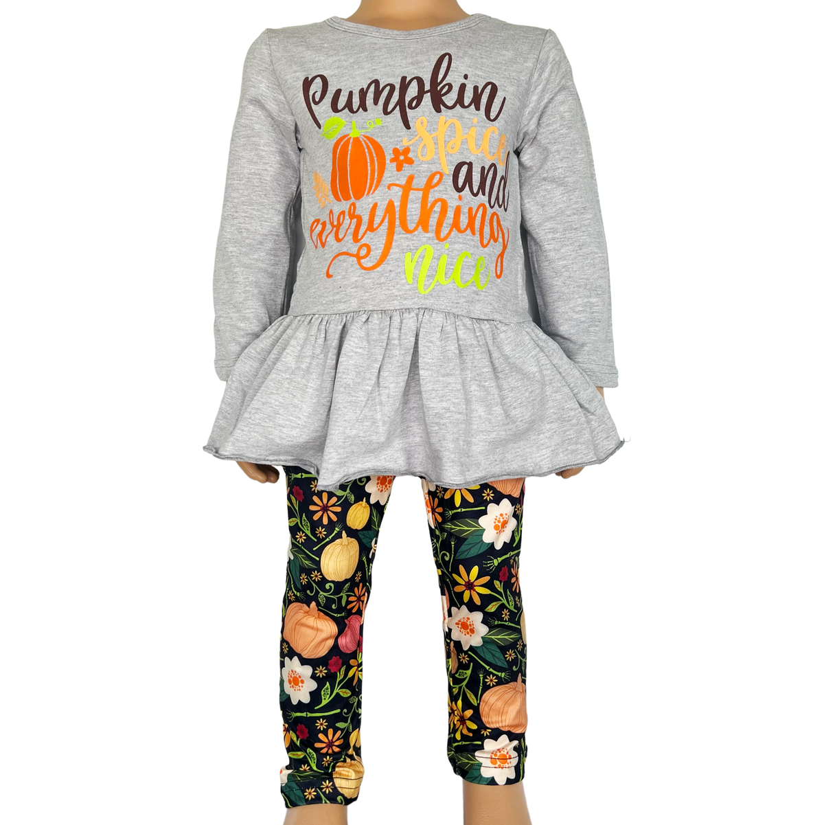 Girls Grey Long Sleeve T-shirt and Floral Leggings Fall Thanksgiving-0