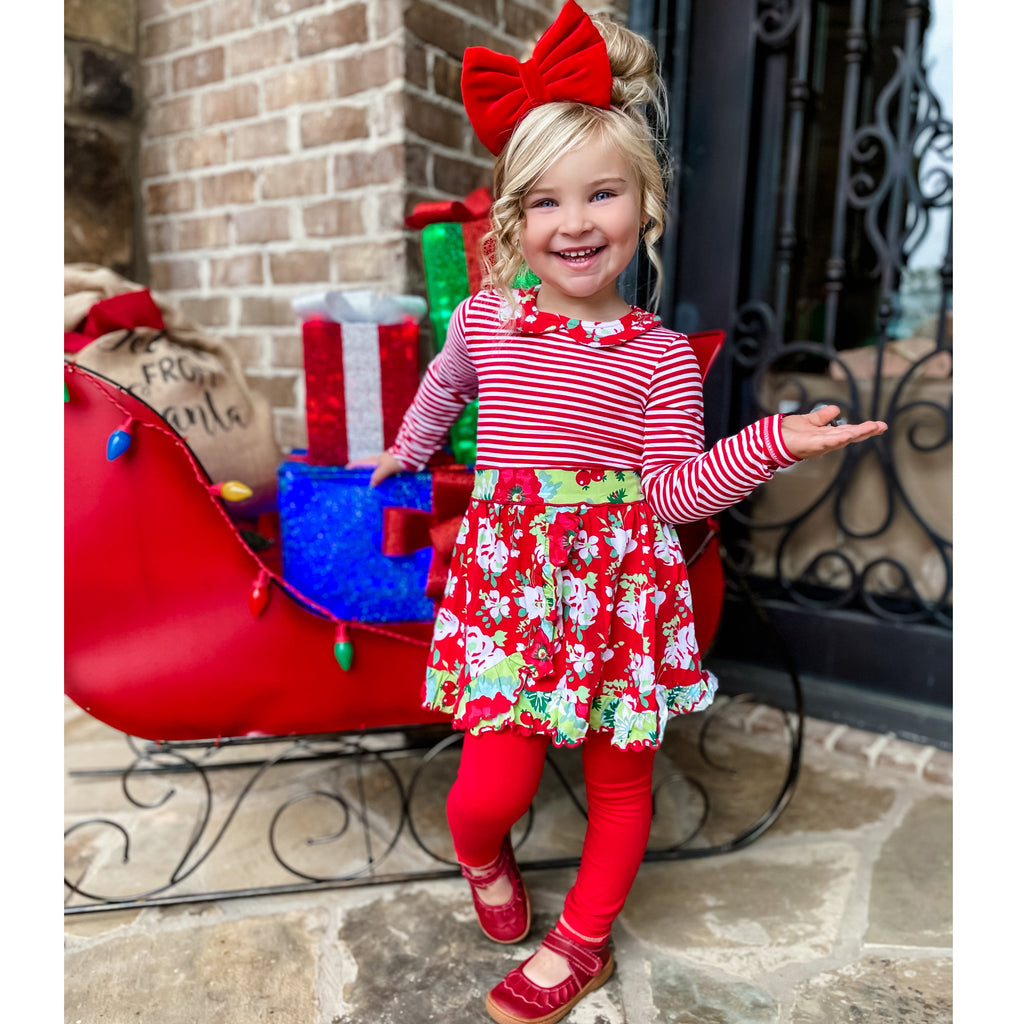 AnnLorenGirls Boutique Red Christmas Floral Holiday Dress Legging Set-1