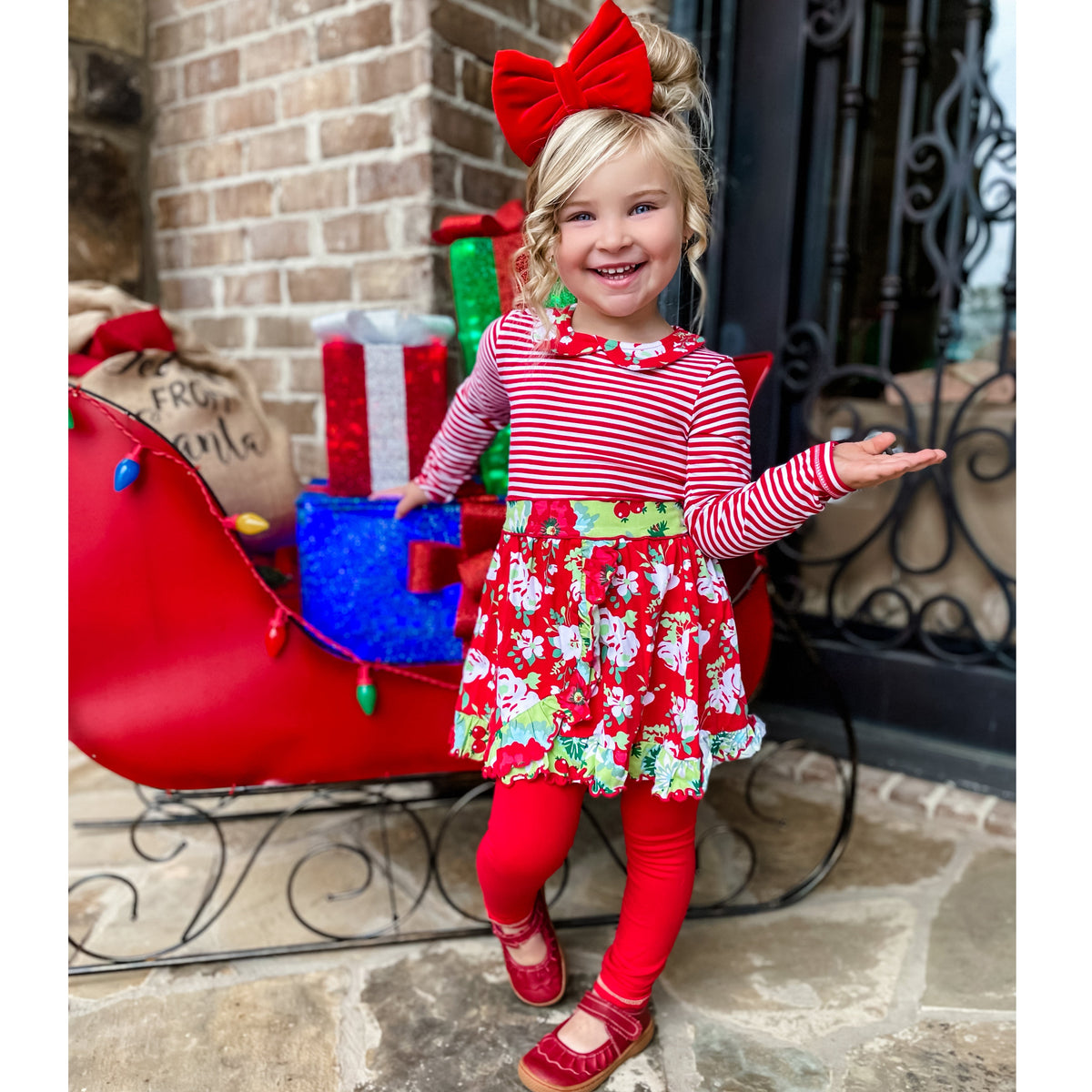 AnnLorenGirls Boutique Red Christmas Floral Holiday Dress Legging Set-1