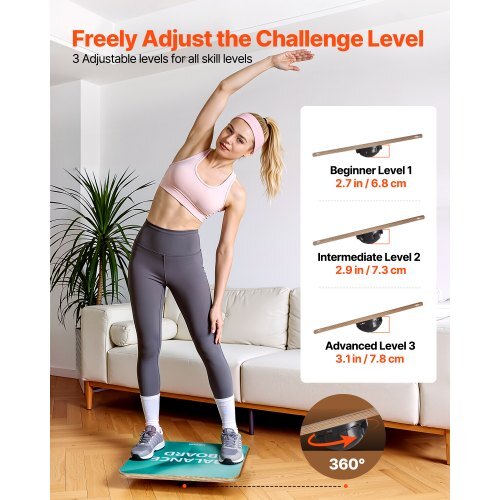Balance Board, 360? Rotating Wobble Board Trainer for Adults 3-Level Adjustable, Wooden Balance Training Equipment, Slip-Resistant Surface for Core Workout, Standing Desk Exercise, Home Gym