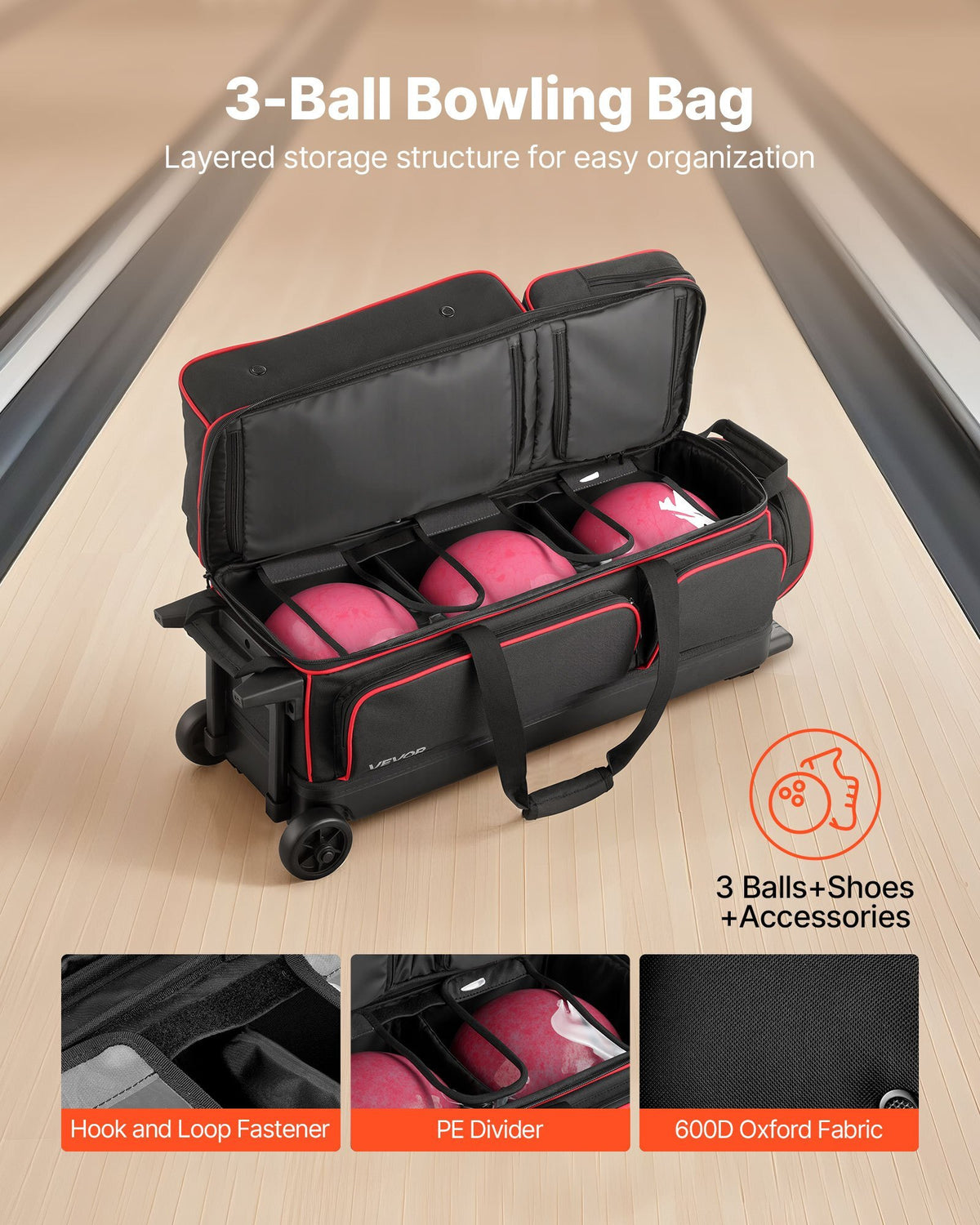 Bowling Ball Bag, 3 Ball Double Roller Bowling Bag with Wheels, Featuring a Separate Compartment for Shoes (Up To US Size 16) & Oversized Accessory Pocket, Retractable Handle Extends to 41.34 in