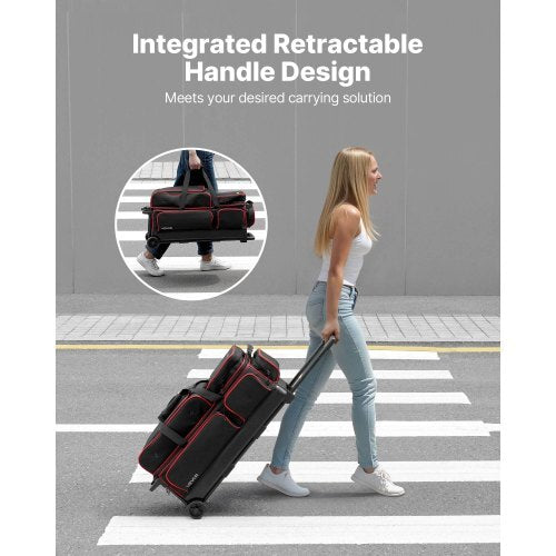 Bowling Ball Bag, 3 Ball Double Roller Bowling Bag with Wheels, Featuring a Separate Compartment for Shoes (Up To US Size 16) & Oversized Accessory Pocket, Retractable Handle Extends to 41.34 in