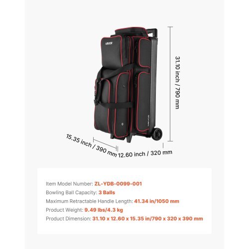 Bowling Ball Bag, 3 Ball Double Roller Bowling Bag with Wheels, Featuring a Separate Compartment for Shoes (Up To US Size 16) & Oversized Accessory Pocket, Retractable Handle Extends to 41.34 in