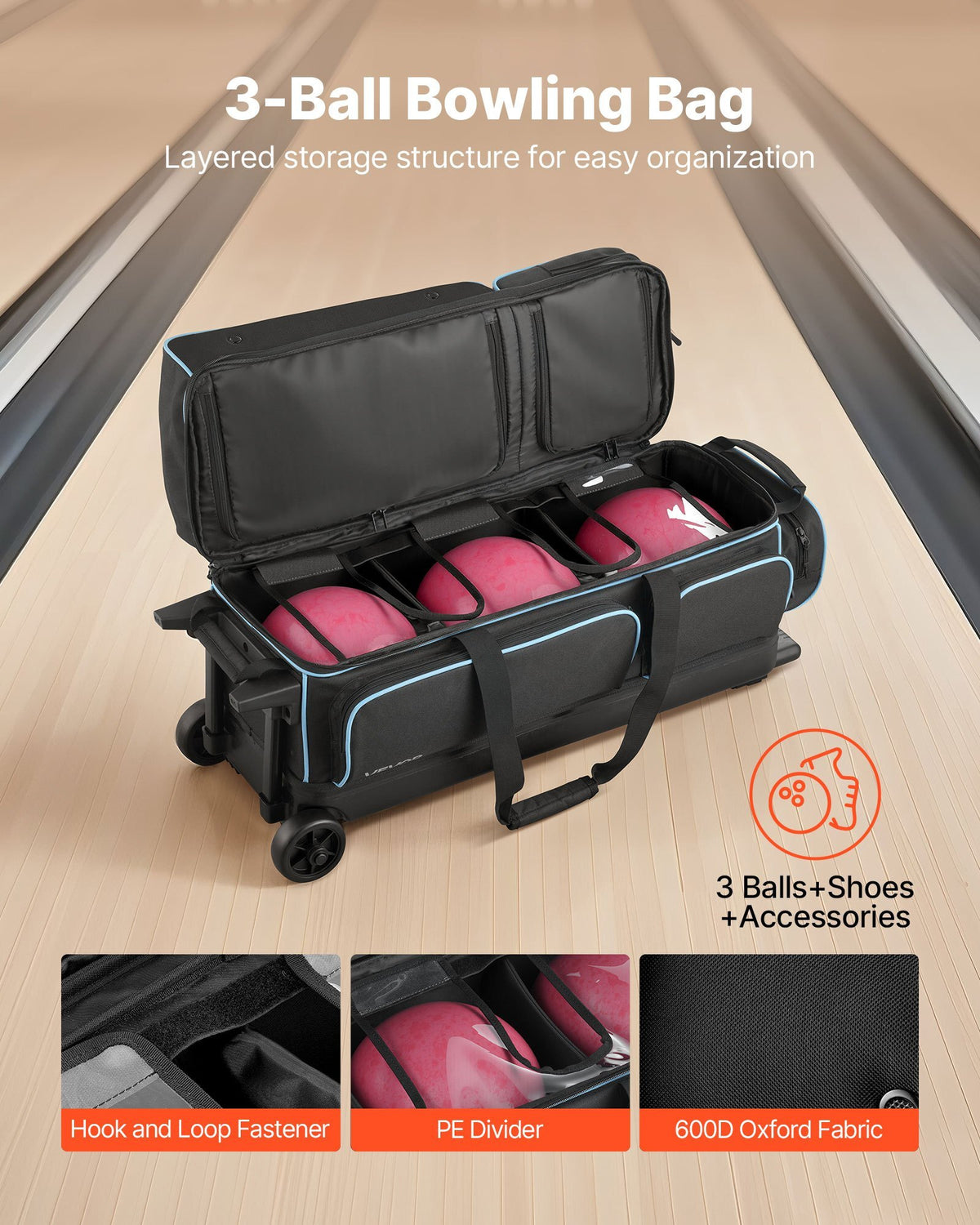 Bowling Ball Bag, 3 Ball Double Roller Bowling Bag with Wheels, Featuring a Separate Compartment for Shoes (Up To US Size 16) & Oversized Accessory Pocket, Retractable Handle Extends to 41.34 in