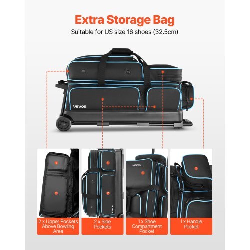 Bowling Ball Bag, 3 Ball Double Roller Bowling Bag with Wheels, Featuring a Separate Compartment for Shoes (Up To US Size 16) & Oversized Accessory Pocket, Retractable Handle Extends to 41.34 in