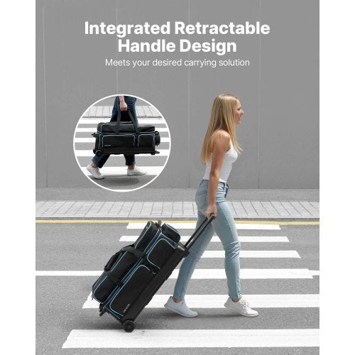 Bowling Ball Bag, 3 Ball Double Roller Bowling Bag with Wheels, Featuring a Separate Compartment for Shoes (Up To US Size 16) & Oversized Accessory Pocket, Retractable Handle Extends to 41.34 in