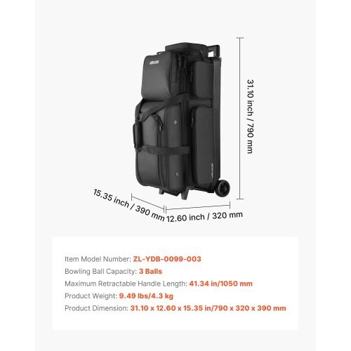 Bowling Ball Bag, 3 Ball Double Roller Bowling Bag with Wheels, Featuring a Separate Compartment for Shoes (Up To US Size 16) & Oversized Accessory Pocket, Retractable Handle Extends to 41.34 in