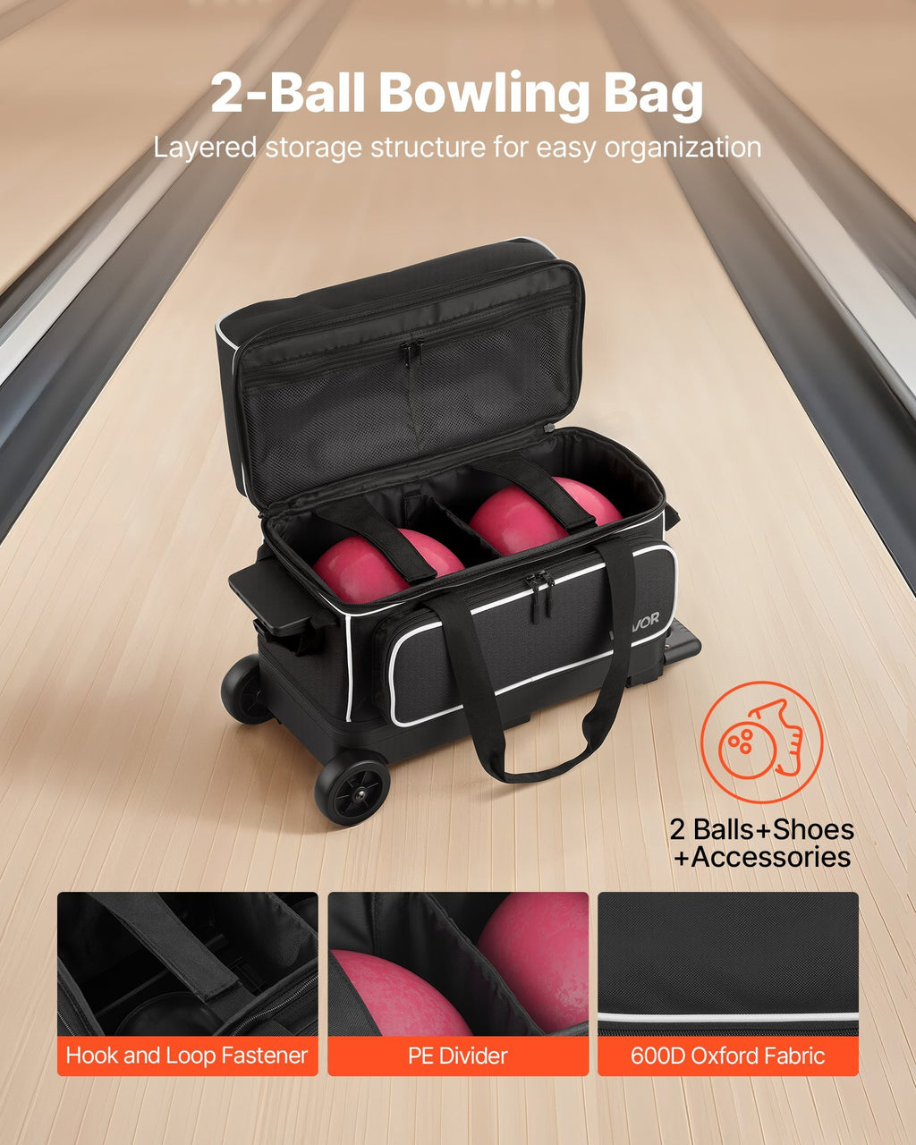 Bowling Ball Bag, 2 Ball Double Roller Bowling Bag with Wheels, Featuring a Separate Compartment for Shoes (Up To US Size 16) & Oversized Accessory Pocket, Retractable Handle Extends to 41.32 in