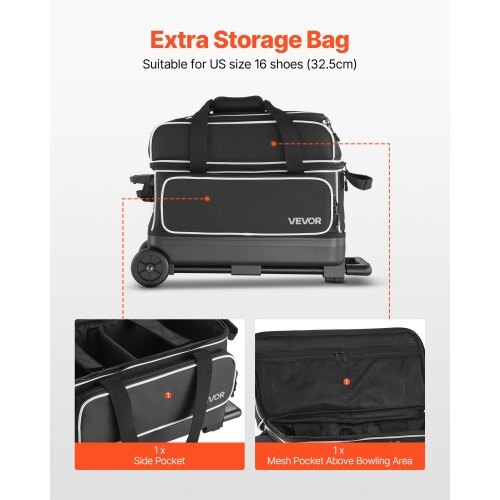 Bowling Ball Bag, 2 Ball Double Roller Bowling Bag with Wheels, Featuring a Separate Compartment for Shoes (Up To US Size 16) & Oversized Accessory Pocket, Retractable Handle Extends to 41.32 in