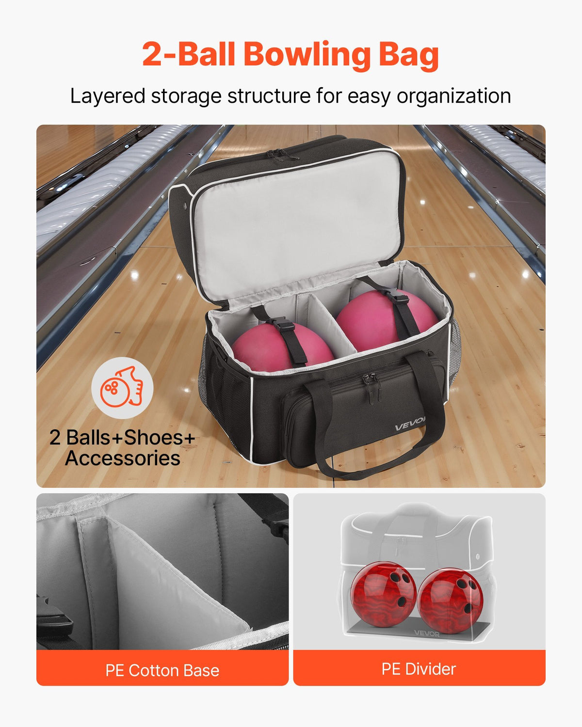Bowling Ball Bag, 2 Ball Four Roller Bowling Bag with Wheels, Featuring a Separate Compartment for Shoes (Up To US Size 16) & Oversized Accessory Pocket, Retractable Handle Extends to 37.4 in