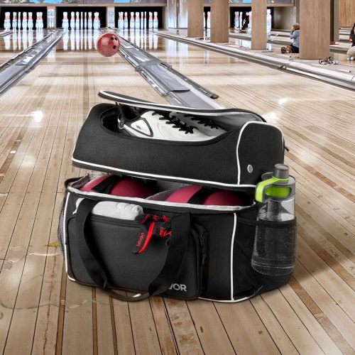 Bowling Ball Bag, 2 Ball Four Roller Bowling Bag with Wheels, Featuring a Separate Compartment for Shoes (Up To US Size 16) & Oversized Accessory Pocket, Retractable Handle Extends to 37.4 in