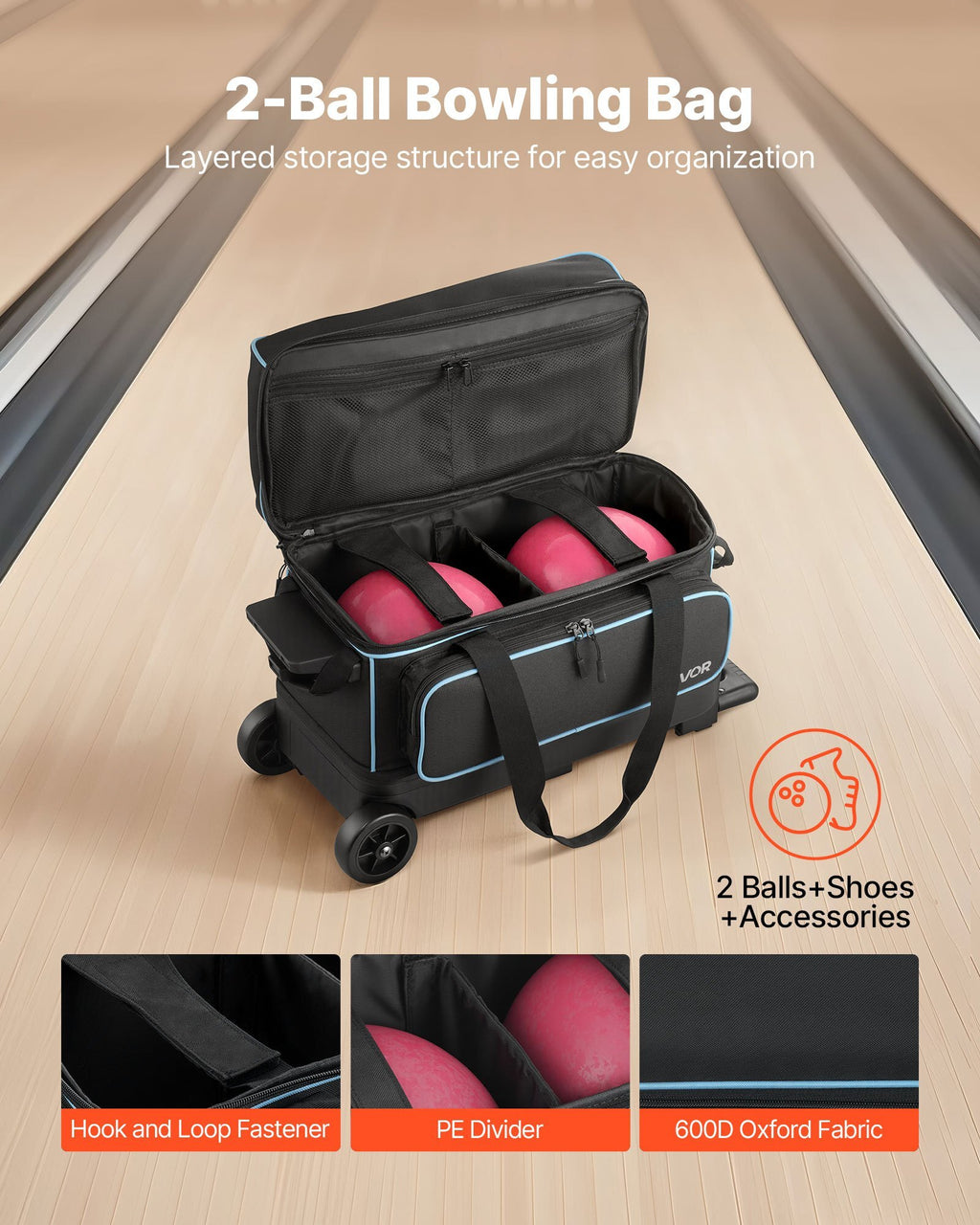 Bowling Ball Bag, 2 Ball Double Roller Bowling Bag with Wheels, Featuring a Separate Compartment for Shoes (Up To US Size 16) & Oversized Accessory Pocket, Retractable Handle Extends to 41.32 in