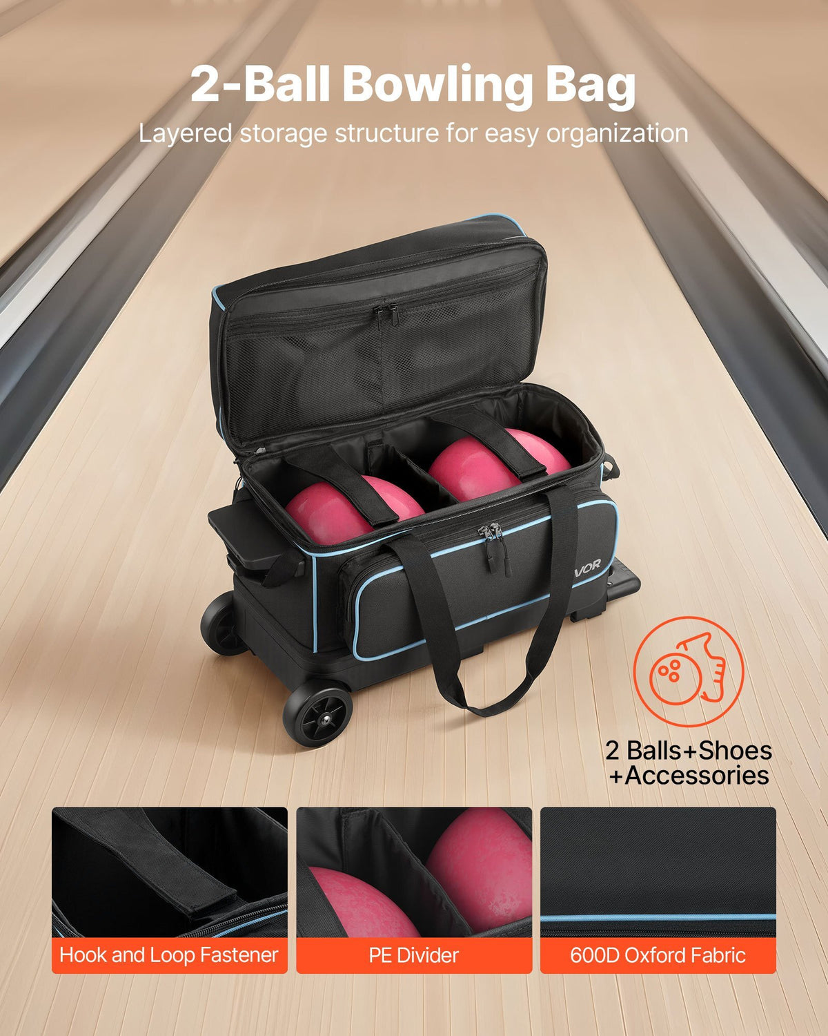 Bowling Ball Bag, 2 Ball Double Roller Bowling Bag with Wheels, Featuring a Separate Compartment for Shoes (Up To US Size 16) & Oversized Accessory Pocket, Retractable Handle Extends to 41.32 in