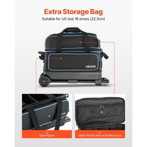 Bowling Ball Bag, 2 Ball Double Roller Bowling Bag with Wheels, Featuring a Separate Compartment for Shoes (Up To US Size 16) & Oversized Accessory Pocket, Retractable Handle Extends to 41.32 in
