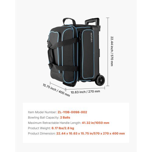 Bowling Ball Bag, 2 Ball Double Roller Bowling Bag with Wheels, Featuring a Separate Compartment for Shoes (Up To US Size 16) & Oversized Accessory Pocket, Retractable Handle Extends to 41.32 in