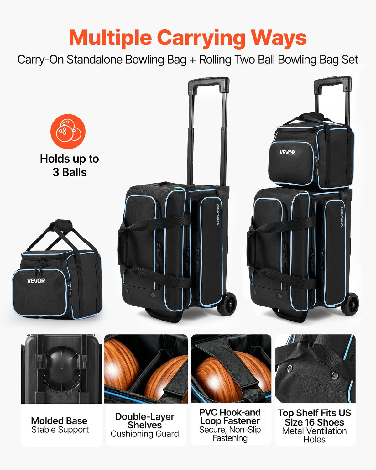 3 Ball Bowling Bag Double Roller Bag with Separate Shoe Compartment, for Bowling Shoes (Up To US Men Size 16), Rolling Ball Bag w/ Wheel, Accessory Pocket, Retractable Handle Extends to 40 in