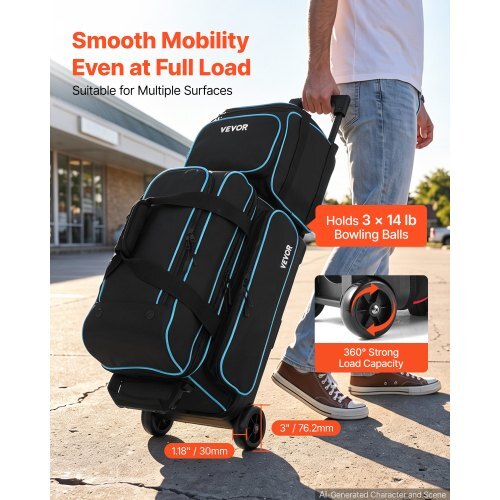 3 Ball Bowling Bag Double Roller Bag with Separate Shoe Compartment, for Bowling Shoes (Up To US Men Size 16), Rolling Ball Bag w/ Wheel, Accessory Pocket, Retractable Handle Extends to 40 in