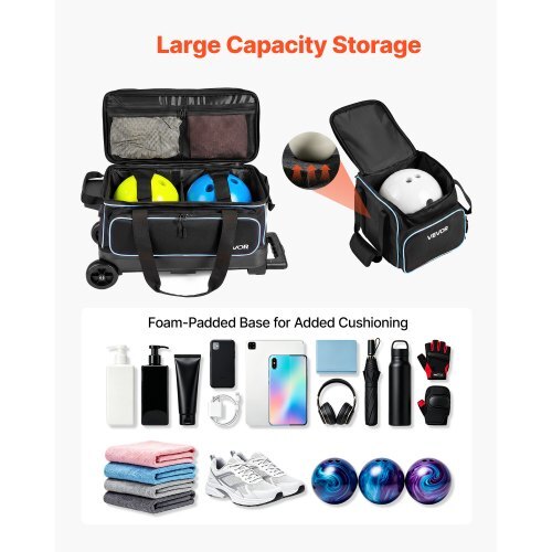 3 Ball Bowling Bag Double Roller Bag with Separate Shoe Compartment, for Bowling Shoes (Up To US Men Size 16), Rolling Ball Bag w/ Wheel, Accessory Pocket, Retractable Handle Extends to 40 in