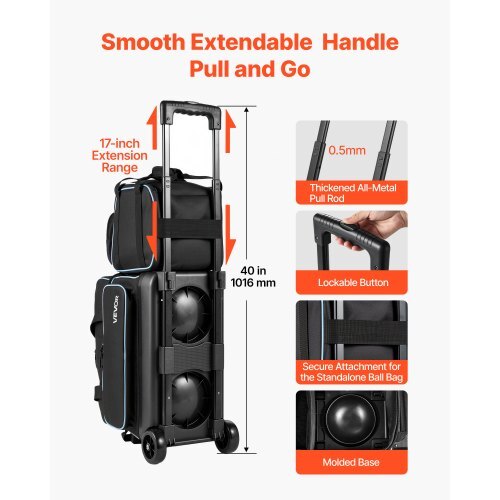 3 Ball Bowling Bag Double Roller Bag with Separate Shoe Compartment, for Bowling Shoes (Up To US Men Size 16), Rolling Ball Bag w/ Wheel, Accessory Pocket, Retractable Handle Extends to 40 in