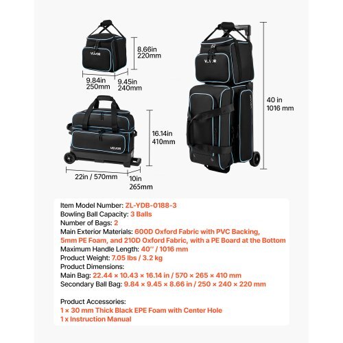 3 Ball Bowling Bag Double Roller Bag with Separate Shoe Compartment, for Bowling Shoes (Up To US Men Size 16), Rolling Ball Bag w/ Wheel, Accessory Pocket, Retractable Handle Extends to 40 in