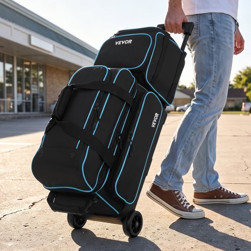 3 Ball Bowling Bag Double Roller Bag with Separate Shoe Compartment, for Bowling Shoes (Up To US Men Size 16), Rolling Ball Bag w/ Wheel, Accessory Pocket, Retractable Handle Extends to 40 in