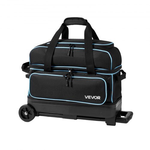 3 Ball Bowling Bag Double Roller Bag with Separate Shoe Compartment, for Bowling Shoes (Up To US Men Size 16), Rolling Ball Bag w/ Wheel, Accessory Pocket, Retractable Handle Extends to 40 in