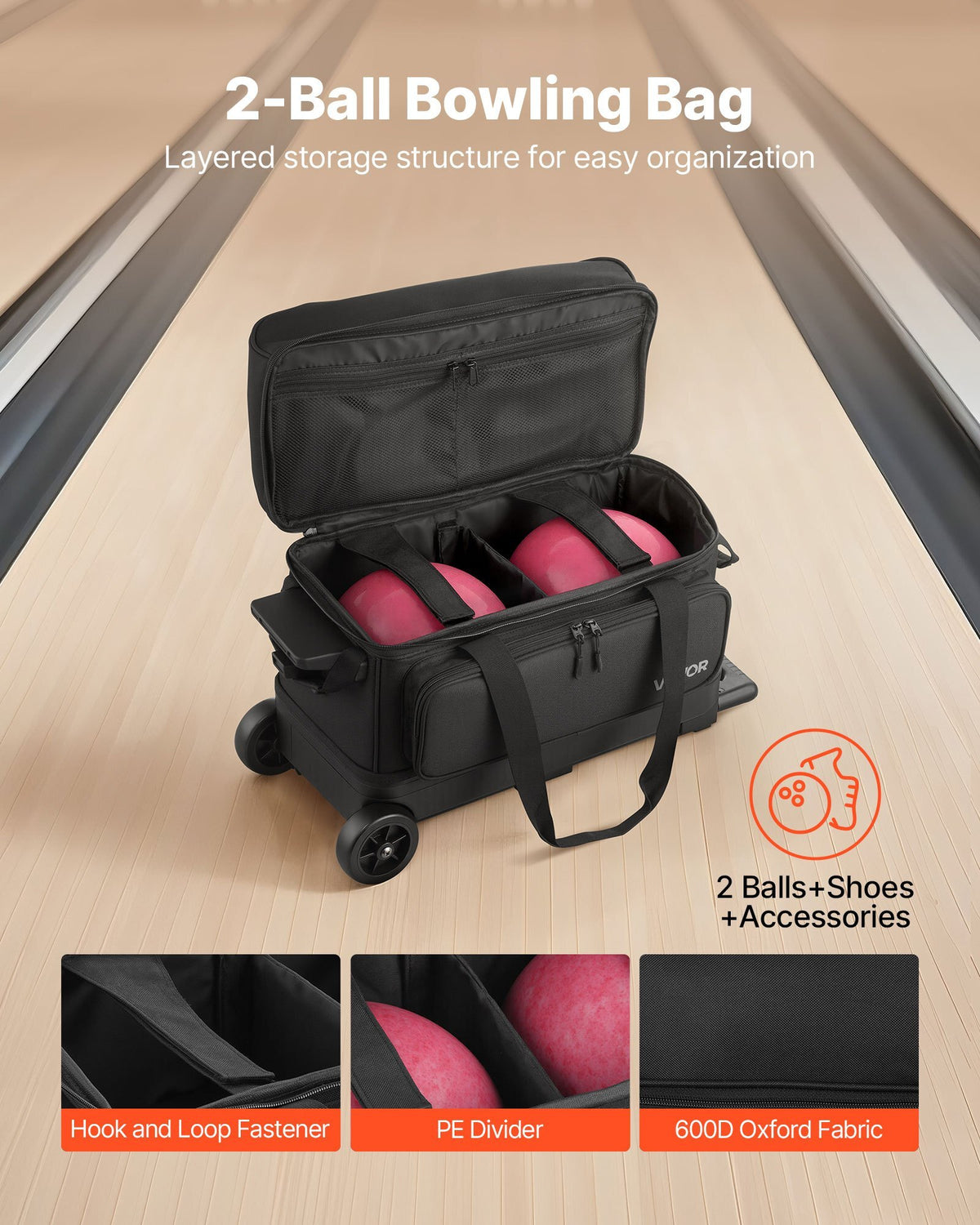 Bowling Ball Bag, 2 Ball Double Roller Bowling Bag with Wheels, Featuring a Separate Compartment for Shoes (Up To US Size 16) & Oversized Accessory Pocket, Retractable Handle Extends to 41.32 in