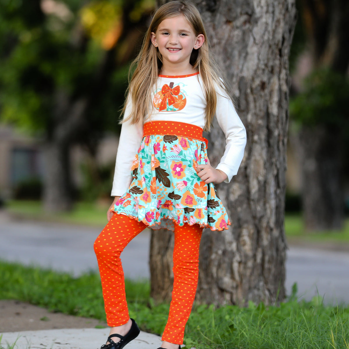 Girls Vibrant Autumn Floral Pumpkin Thanksgiving Dress & Leggings-3