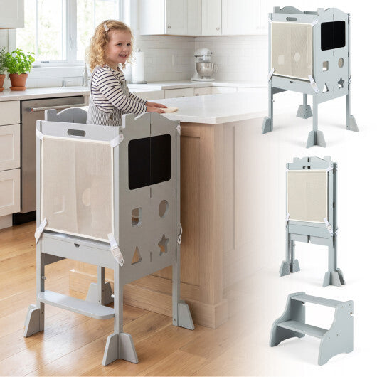 Foldable Toddler Step Stool with Chalkboards 2-Step Stool-Gray - Color: Gray