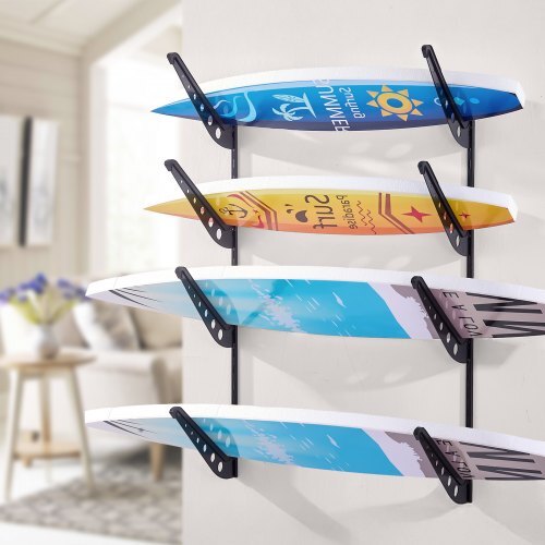 Surfboard Wall Mount, 4 Tiers Horizontal Surfboard Rack for Storage and Display, Adjustable Height Metal Board Stand Organizer, Surf Board Holder for Snowboards, Kiteboards, Shortboard, Skis