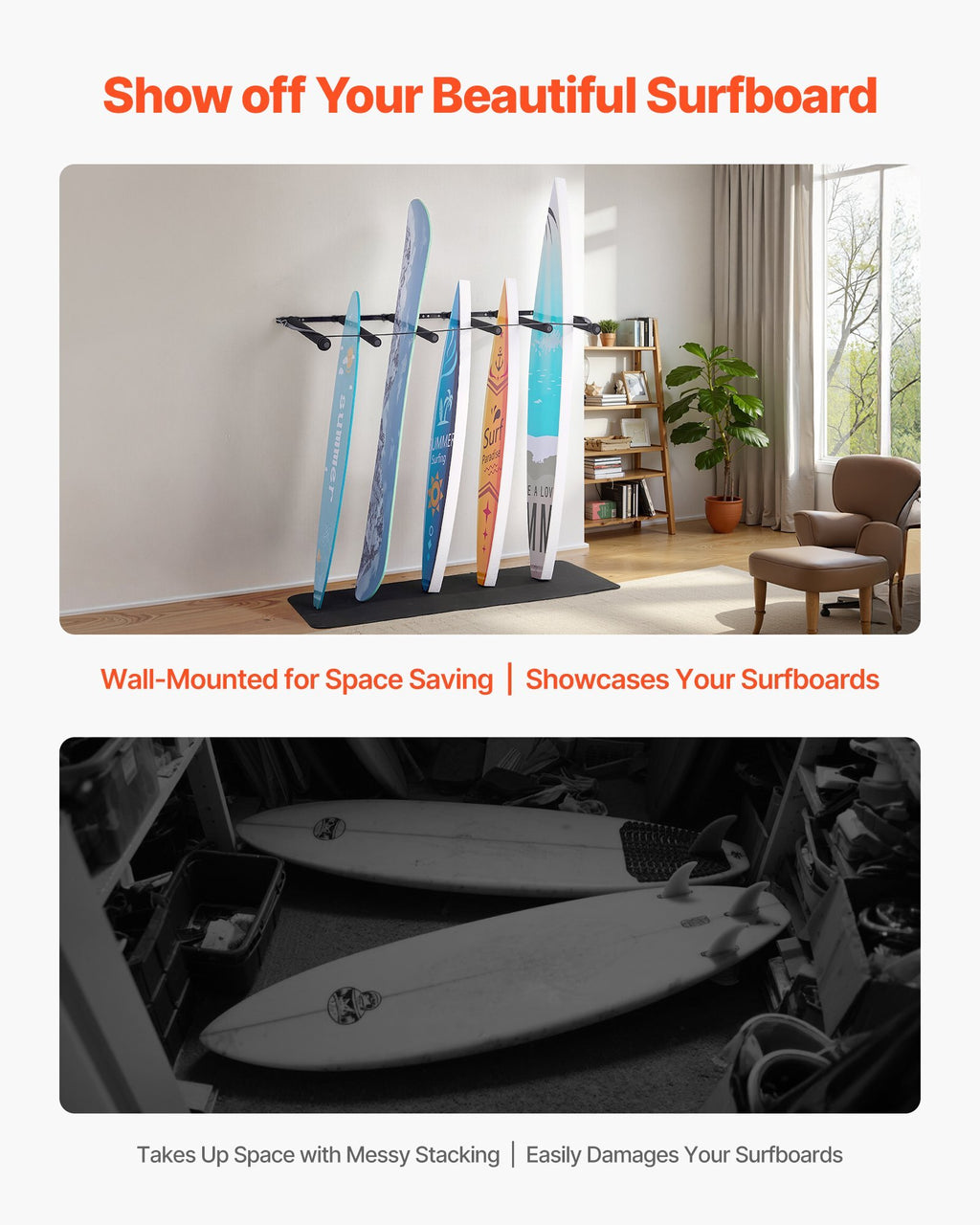 Surfboard Wall Mount, 5 Tiers Vertical Surfboard Rack for Storage and Display, Adjustable Metal Board Stand Organizer with Sponge Pad, Surf Board Holder for Snowboards, Kiteboards, Shortboard
