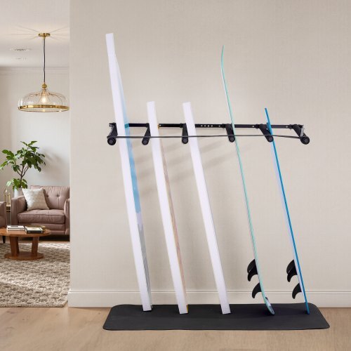Surfboard Wall Mount, 5 Tiers Vertical Surfboard Rack for Storage and Display, Adjustable Metal Board Stand Organizer with Sponge Pad, Surf Board Holder for Snowboards, Kiteboards, Shortboard