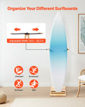 Vertical Surfboard Stand, Wooden Surfboard Rack for Storage and Display, Adjustable & Freestanding Board Stand Organizer with Padding, for Wakeboards, Snowboards, Kiteboards, Shortboard, Skis