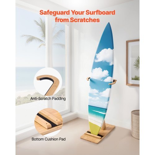 Vertical Surfboard Stand, Wooden Surfboard Rack for Storage and Display, Adjustable & Freestanding Board Stand Organizer with Padding, for Wakeboards, Snowboards, Kiteboards, Shortboard, Skis