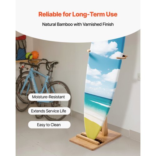 Vertical Surfboard Stand, Wooden Surfboard Rack for Storage and Display, Adjustable & Freestanding Board Stand Organizer with Padding, for Wakeboards, Snowboards, Kiteboards, Shortboard, Skis