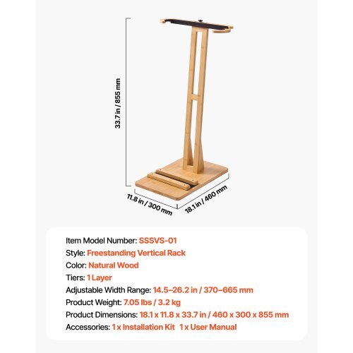 Vertical Surfboard Stand, Wooden Surfboard Rack for Storage and Display, Adjustable & Freestanding Board Stand Organizer with Padding, for Wakeboards, Snowboards, Kiteboards, Shortboard, Skis