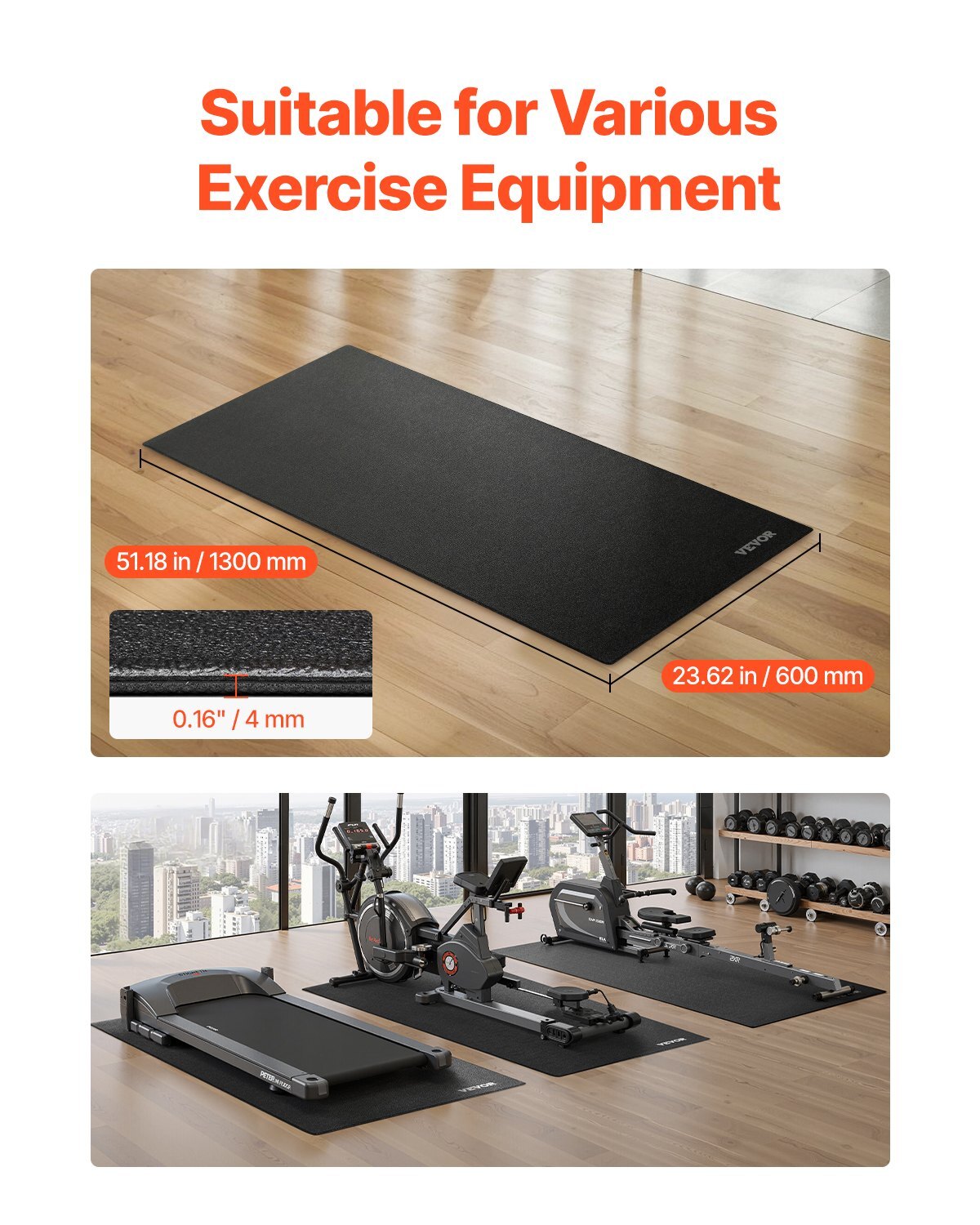 Treadmill Mat for Carpet Floor, 23.62" x 51.18" x 0.16" Exercise Equipment Mat for Elliptical and Walking Pad, High Density PVC Floor Protector, Waterproof and Non-slip for Home Gym