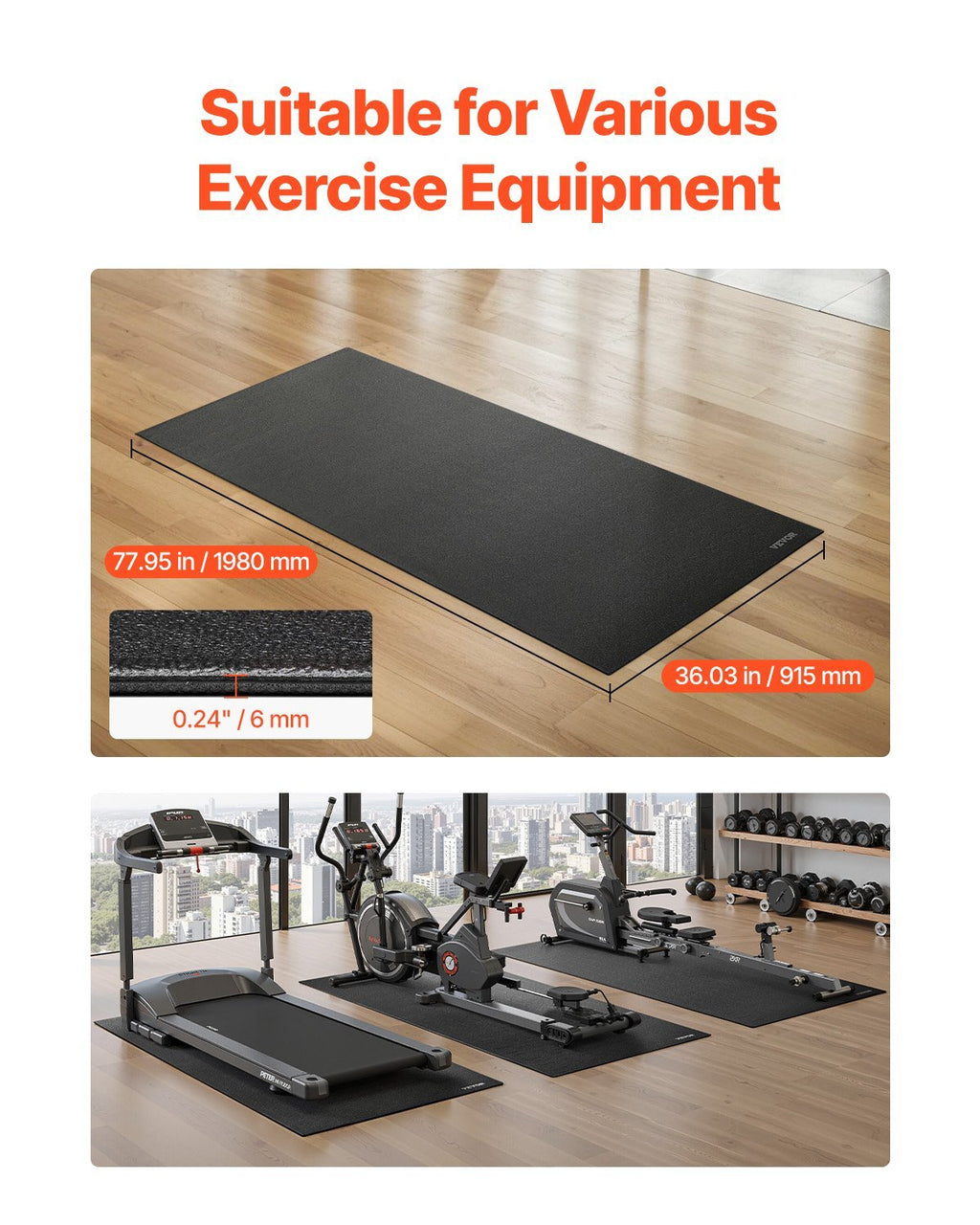 Treadmill Mat for Carpet Floor, 1/4" Thick, 36" x 78" Exercise Equipment Mat for Treadmills, Elliptical, Rowing Machine, High Density PVC Floor Protector, Waterproof and Non-slip for Home Gym