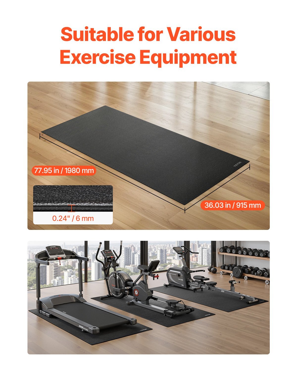 Treadmill Mat for Carpet Floor, 1/4" Thick, 36" x 78" Exercise Equipment Mat for Treadmills, Elliptical, Rowing Machine, High Density PVC Floor Protector, Waterproof and Non-slip for Home Gym