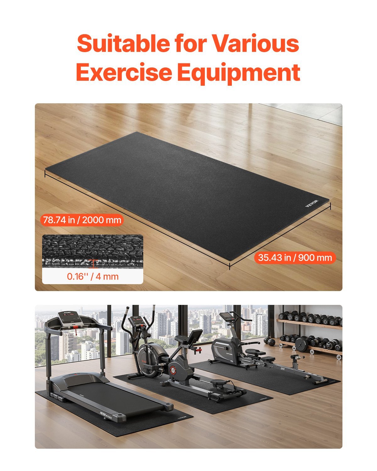 Treadmill Mat for Carpet Floor, 35.5" x 78.7" x 0.16" Exercise Equipment Mat for Treadmills, Elliptical, Rowing Machine, High Density PVC Floor Protector, Waterproof and Non-slip for Home Gym