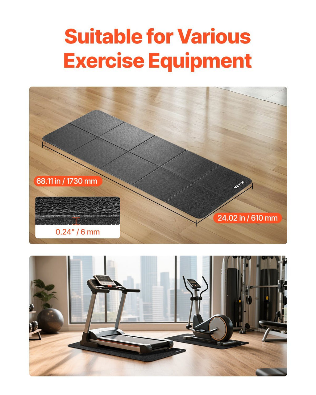 Foldable Walking Pad Treadmill Mat, 1/4" Thick, 24" x 68" Exercise Equipment Mat for Elliptical on Carpet Hardwood Floor, High Density PVC Floor Protector, Waterproof and Non-slip for Home Gym