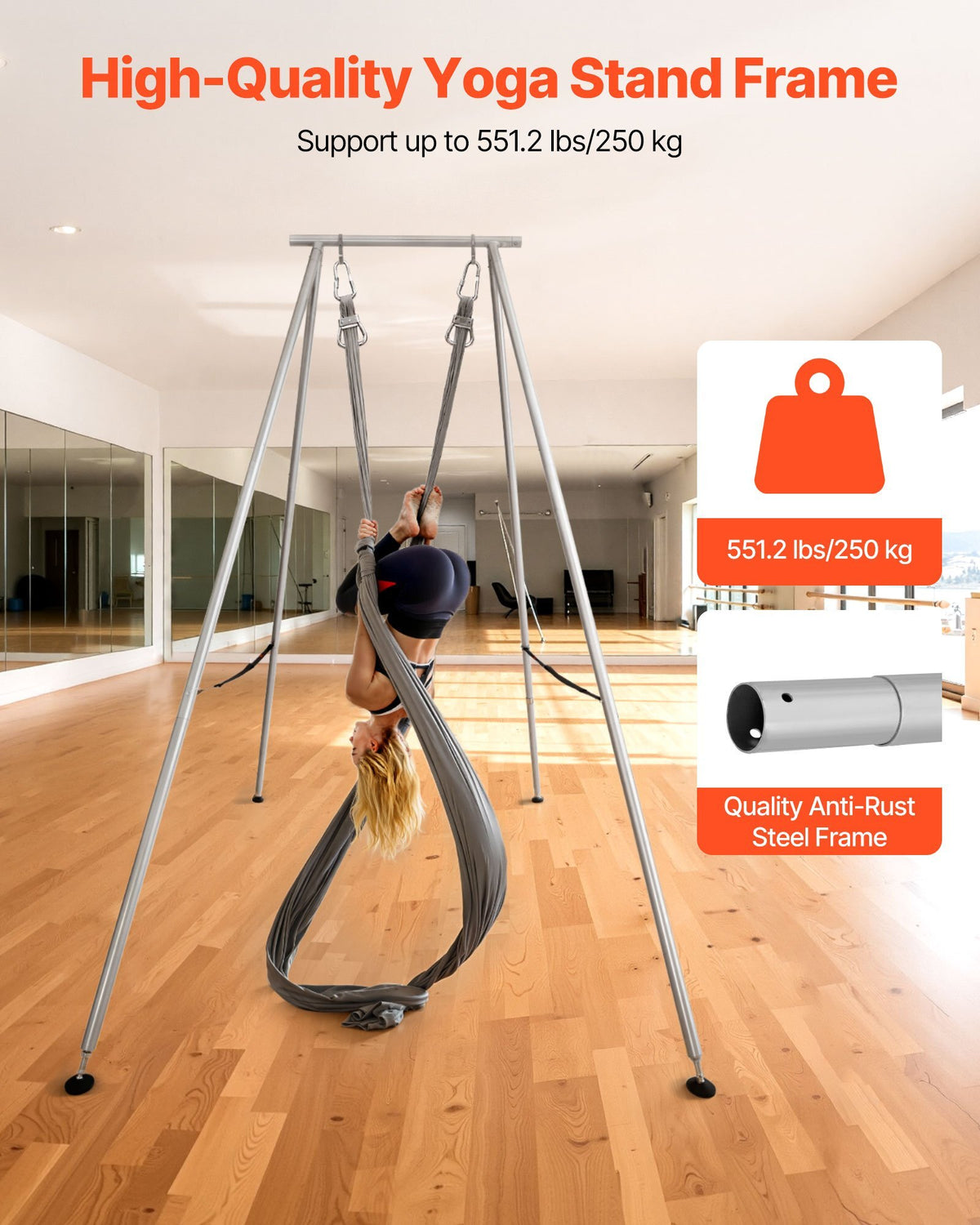 Yoga Stand Frame, 9.6 ft Length Swing Stand, Max 551.2 lbs Load Triangular Structure Aerial Rig, Aerial Silk Stands for Yoga Enthusiasts, Non-Slip Base, Lightweight, Detachable Design