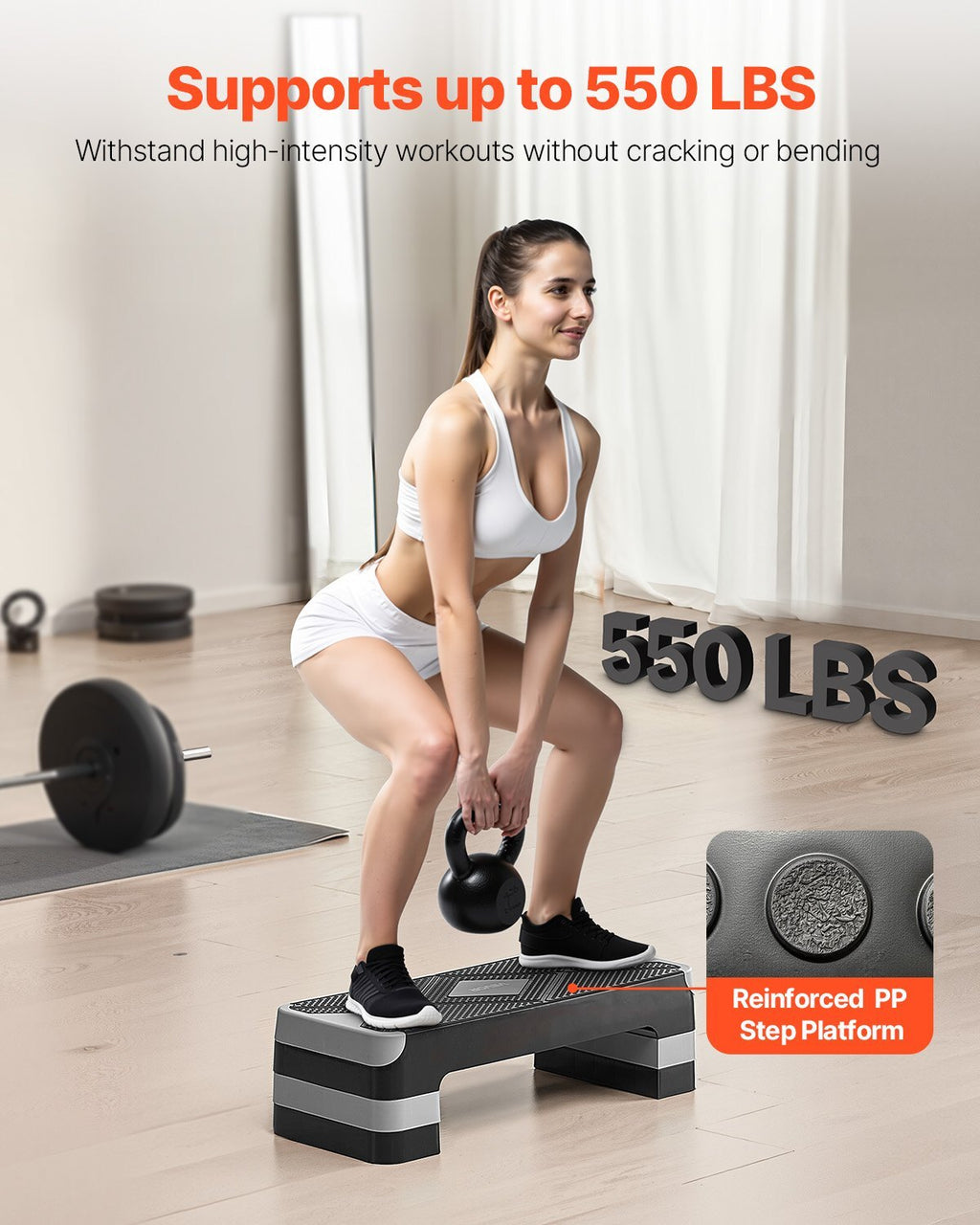 Aerobic Exercise Step Platform, 28-Inch Workout Aerobic Stepper, Height Adjustable Fitness Training Step Deck Trainer with 4 Risers, Non-Slip Surface Bench for Home Gym Cardio Strength, Gray