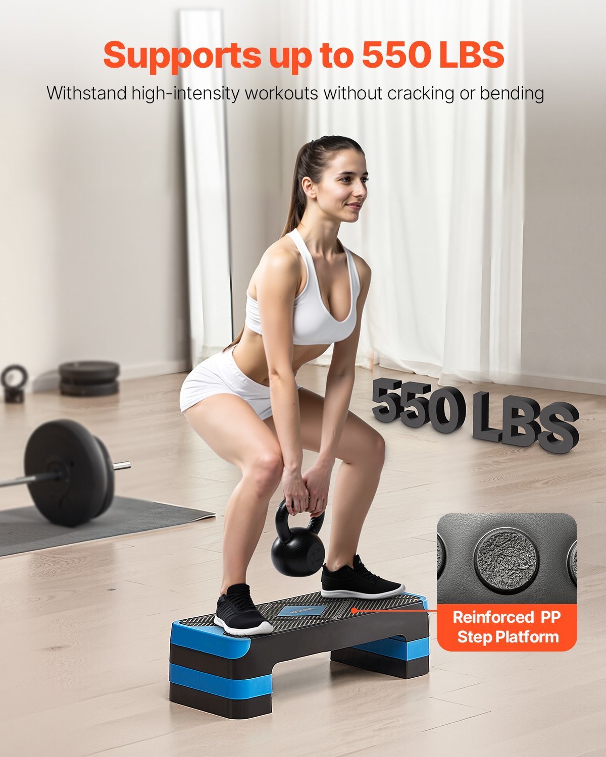 Aerobic Exercise Step Platform, 28-Inch Workout Aerobic Stepper, Height Adjustable Fitness Training Step Deck Trainer with 4 Risers, Non-Slip Surface Bench for Home Gym Cardio Strength, Blue