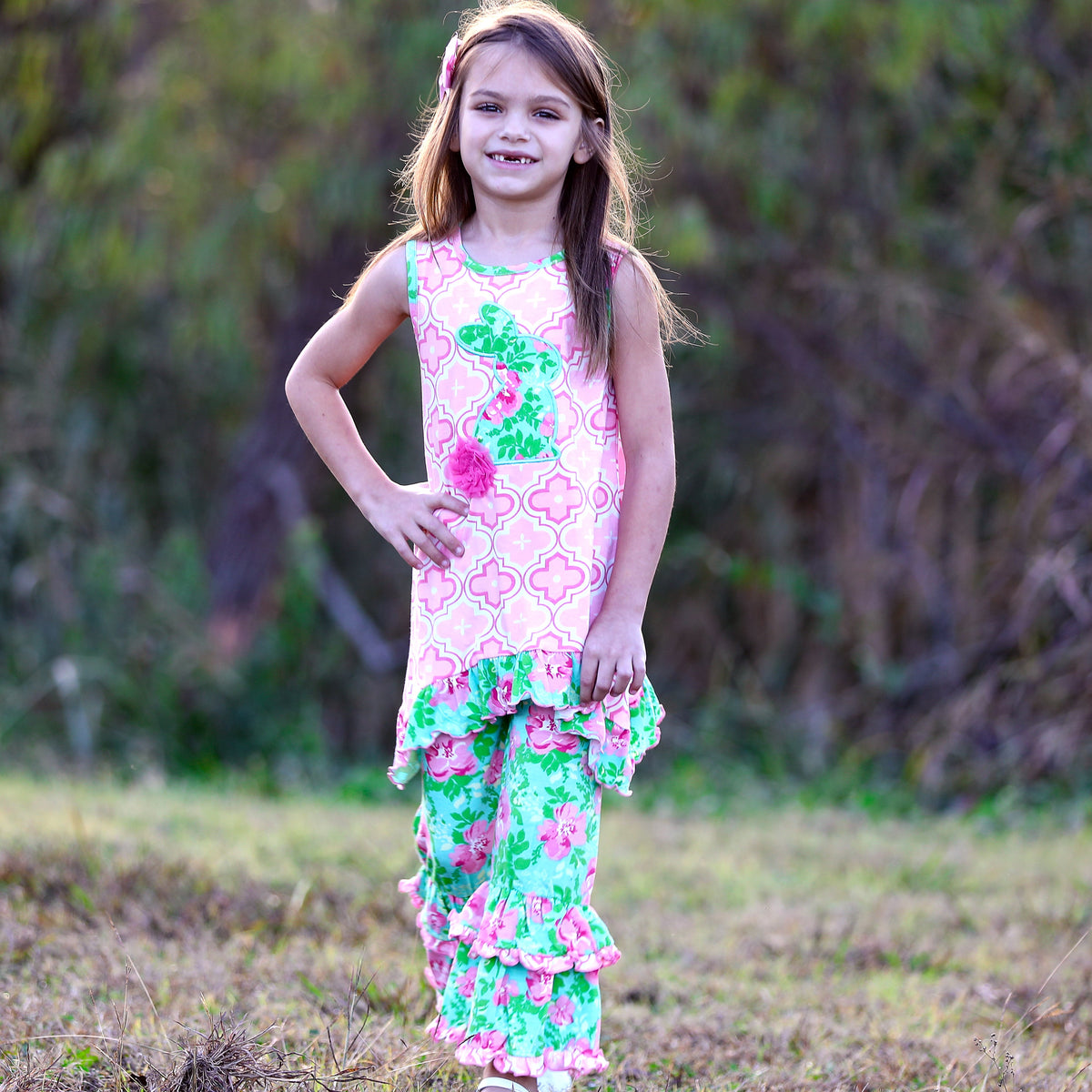 AnnLoren Girls Easter Bunny Outfit Tunic Spring Floral Ruffle Capri Pants-1