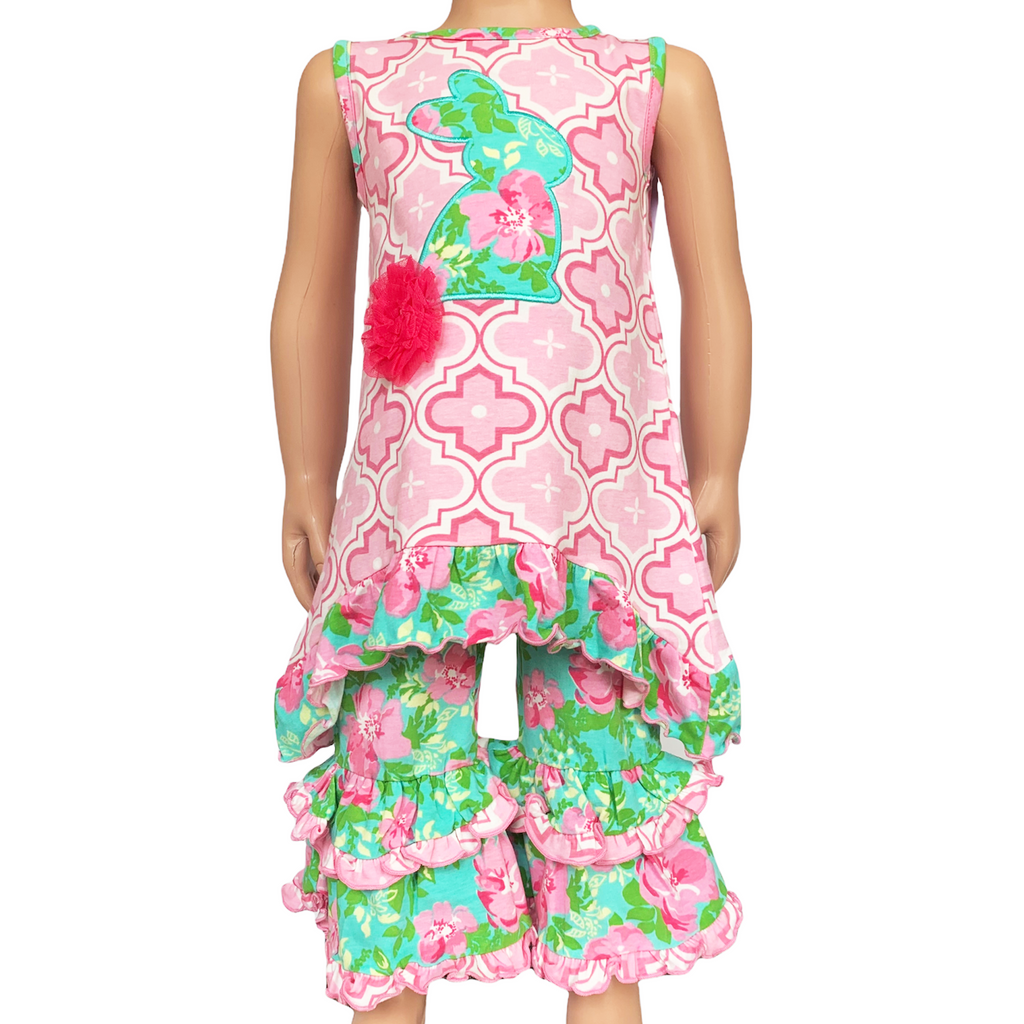 AnnLoren Girls Easter Bunny Outfit Tunic Spring Floral Ruffle Capri Pants-0