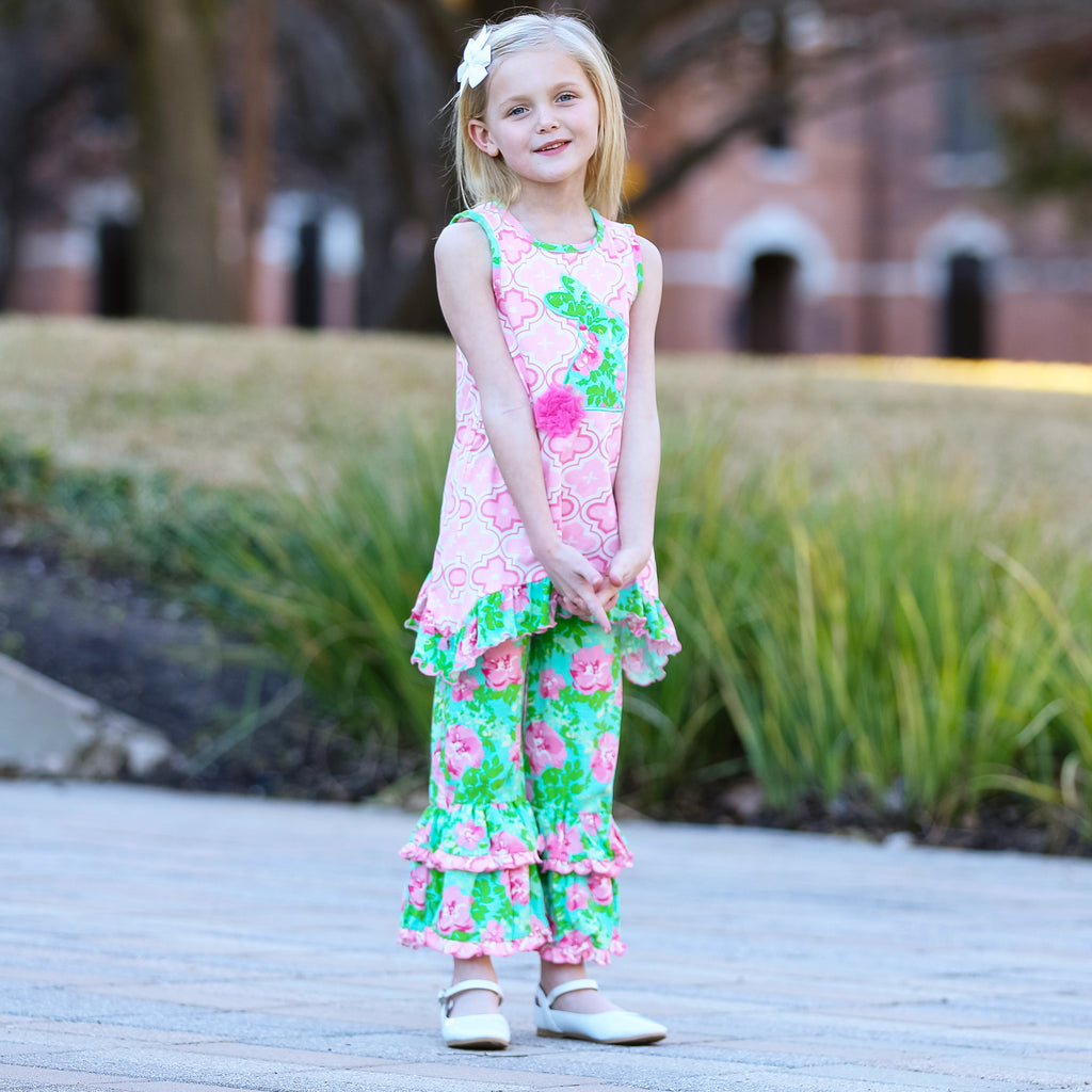 AnnLoren Girls Easter Bunny Outfit Tunic Spring Floral Ruffle Capri Pants-3