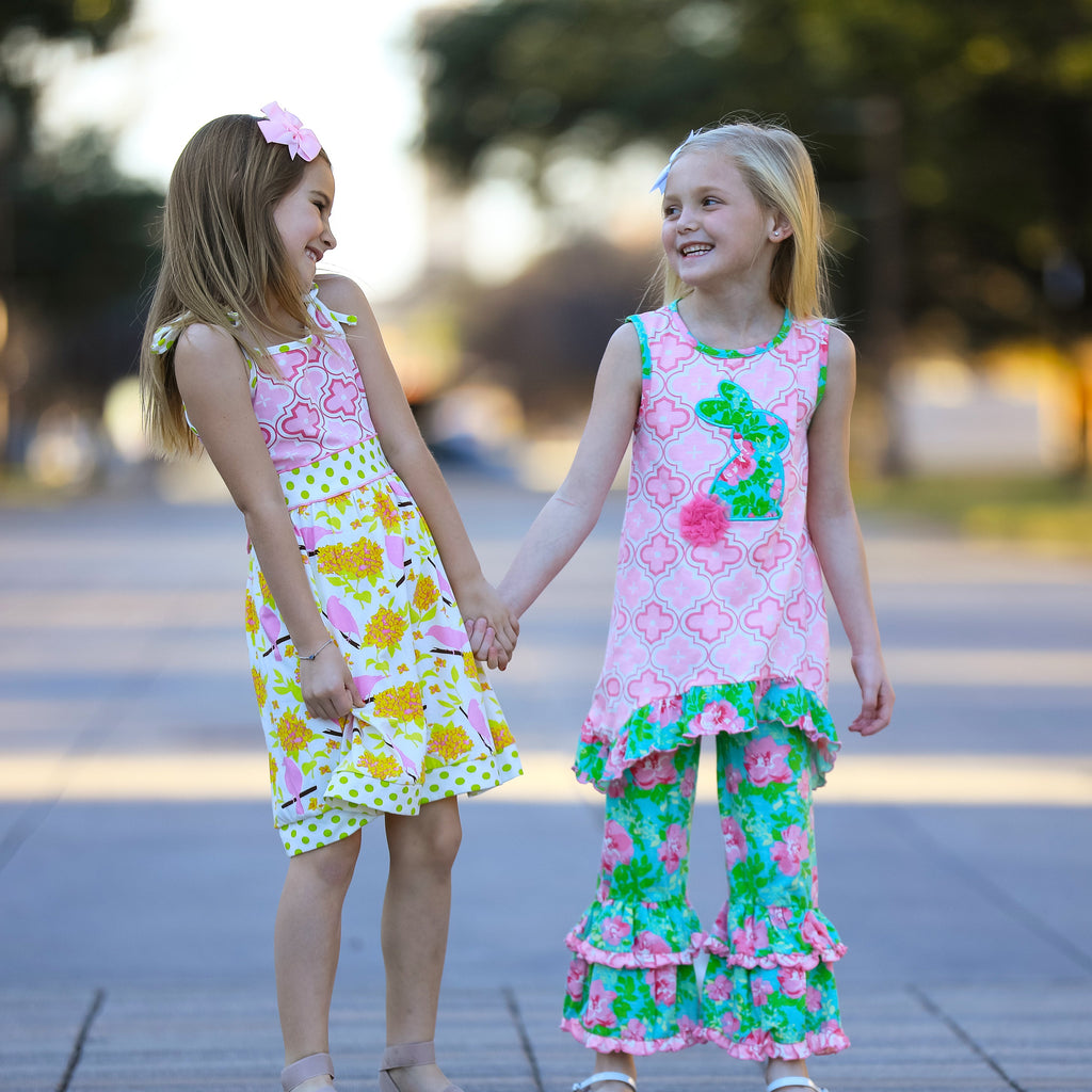 AnnLoren Girls Easter Bunny Outfit Tunic Spring Floral Ruffle Capri Pants-4