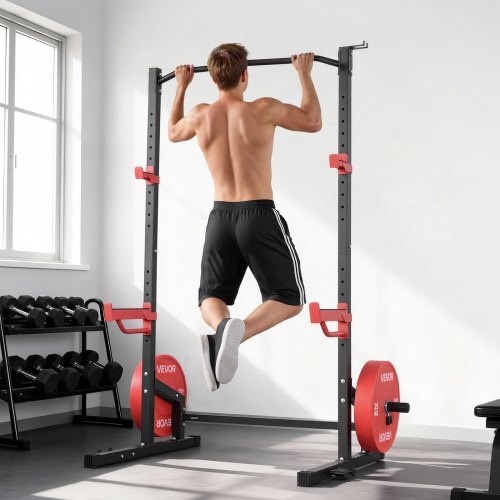 Power Cage Squat Rack, Multifunctional Power Rack Home Gym, 1000LBS Strength Training Workout Equipment with 4 Band Pegs, Adjustable J-Hooks & Safety Bars for Barbell Squat Bench Press Pull-Up