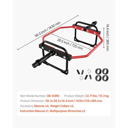 Trap Bar Hex Bar, 2-Inch Hex Barbell, 500 LBS Capacity Shrug Bars, Weightlifting and Strength Training Equipment, Home Gym for Squats, Deadlifts, Shoulder Presses, Red